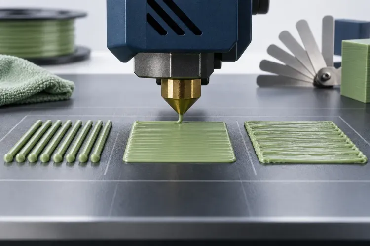 Ilustrasi AI tiga kondisi first layer: terlalu jauh, tepat, dan terlalu dekat pada build plate; bukan nilai kalibrasi mesin tertentu.