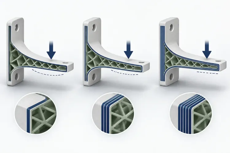 Ilustrasi AI bracket cutaway dengan jumlah garis dinding berbeda saat menerima beban; bukan hasil uji produk tertentu.