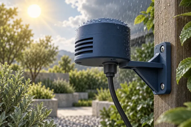 Ilustrasi AI housing sensor dan bracket 3D print di bawah matahari serta hujan; bukan bukti weatherproof atau proyek customer.
