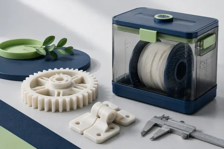 Ilustrasi AI gear dan engsel nylon di samping spool dalam dry box serta kaliper; bukan komponen atau hasil pengujian customer.