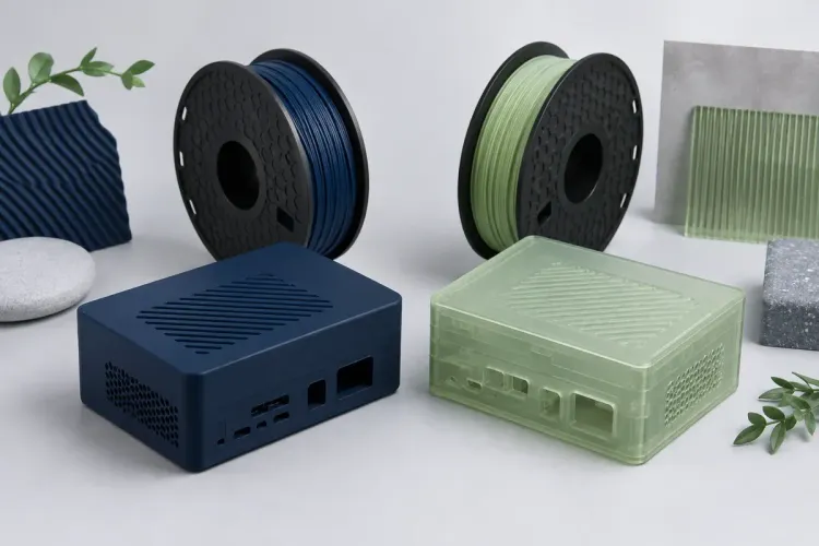 Ilustrasi AI dua casing dengan spool PLA dan PETG bernuansa navy serta sage; warna dan transparansi hanya ilustrasi.