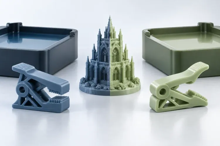 Ilustrasi AI model detail dan dua klip cetak resin dengan karakter berbeda; bukan foto uji material atau proyek customer.