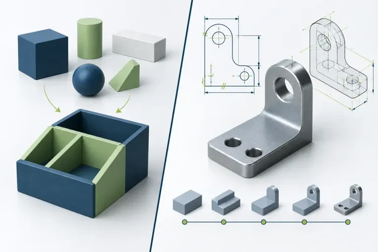 Ilustrasi AI perbandingan modeling bentuk dasar dan CAD parametrik dengan bracket presisi; bukan antarmuka Autodesk.
