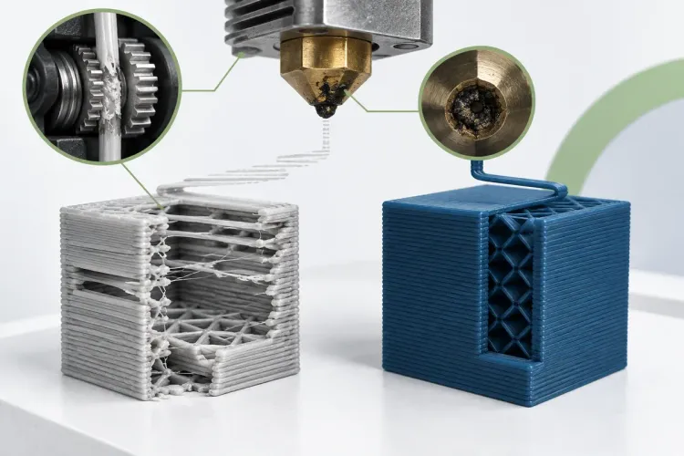 Ilustrasi AI kubus berlapis renggang akibat aliran filament kurang dengan gear dan nozzle sebagai petunjuk diagnosis; bukan mesin pelanggan.