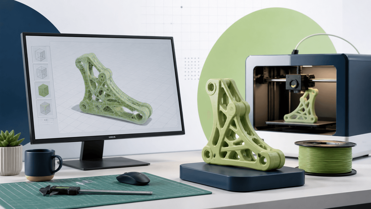 Model mesh pada layar komputer dan hasil cetak 3D dari file STL