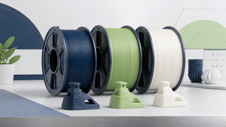 Tiga spool filament dan objek cetak yang membandingkan material PLA PETG dan ABS